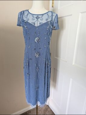 Adrianna Papell Dusty Blue Beaded Midi Dress